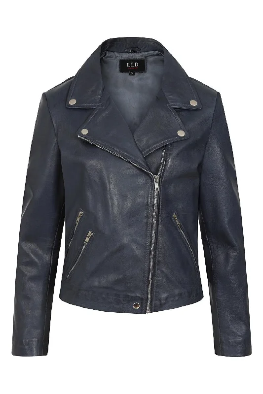 Women's Navy Blue Biker Style Real Leather Jacket - CELIA