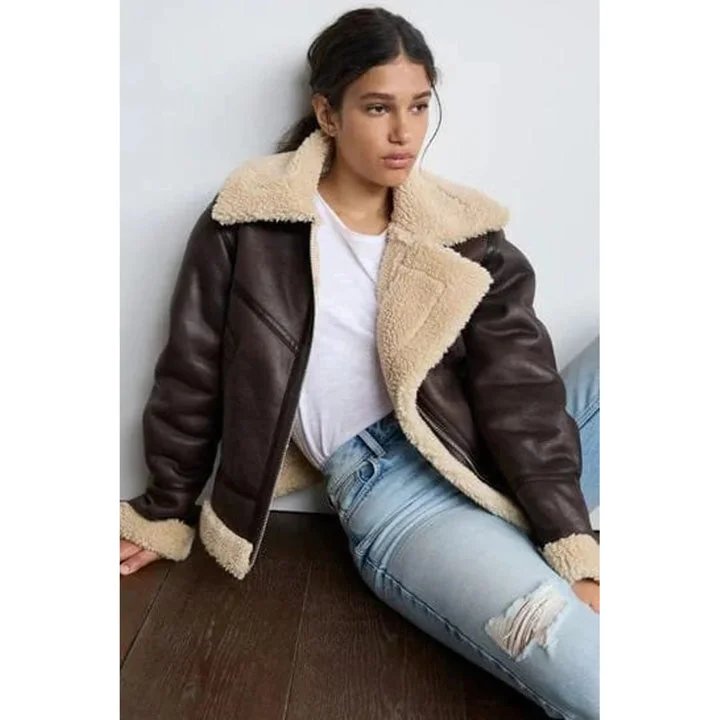 Women's Vintage Brown RAF B3 Aviator Flight Bomber Shearling Leather Jacket