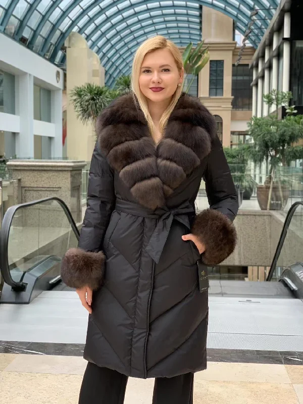 Genuine Polar Fox Fur Down Fill Belted Coat