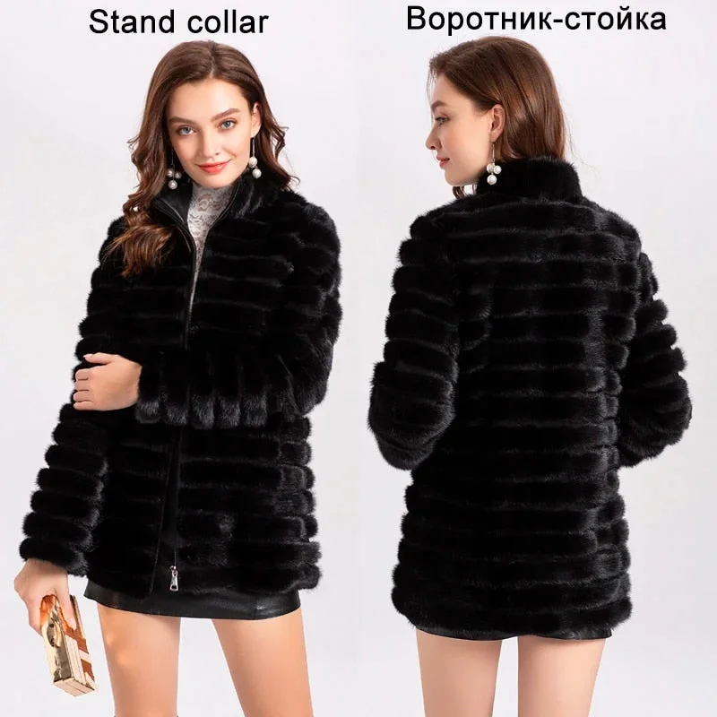 Knitted Natural Real Fur Mink Coats  Hooded