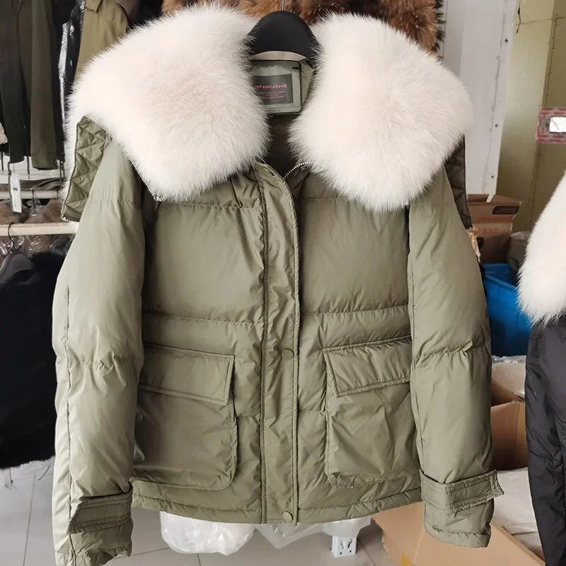 Losse Duck Down Real Fox Fur Collar  Parka Puffer Coats