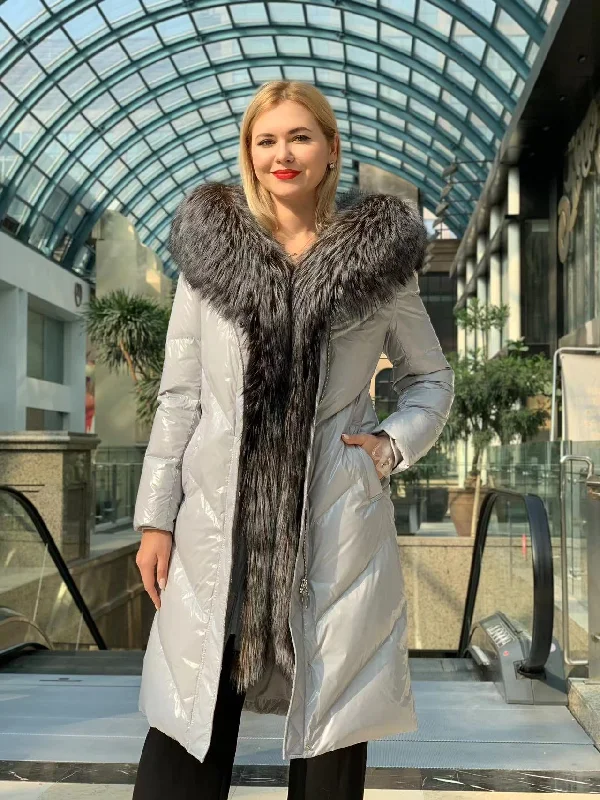 Genuine Silver Fox Fur Belted Parka Coat