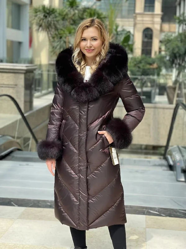 Genuine Polar Fox Fur Down Fill Belted Coat