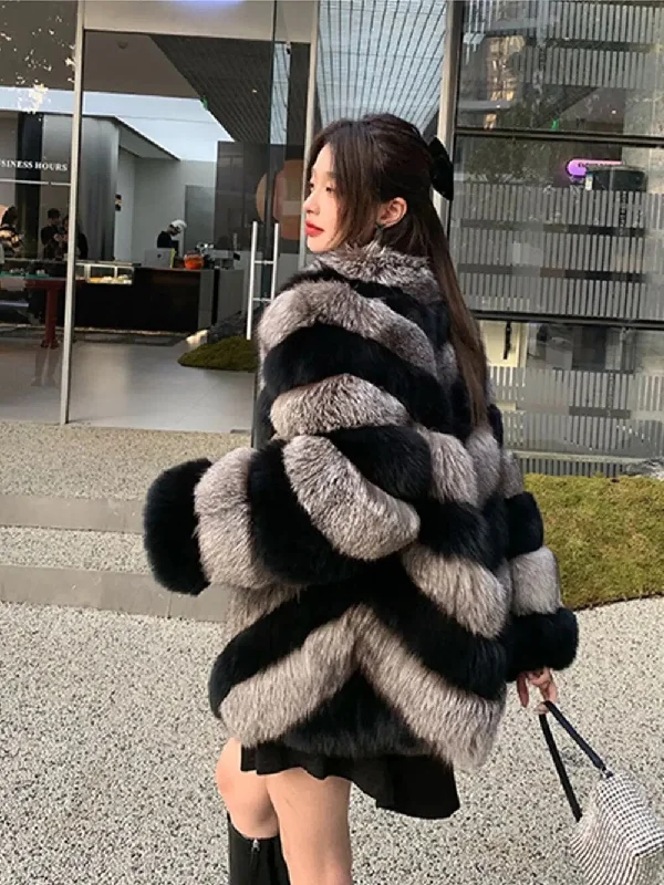 Silver & Black Pattern Real Fox Fur Coats