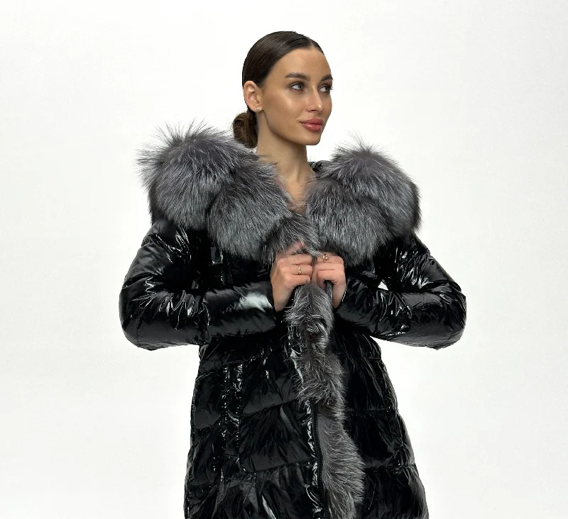 Onyx Genuine Silver Fox Down Parka 107cm