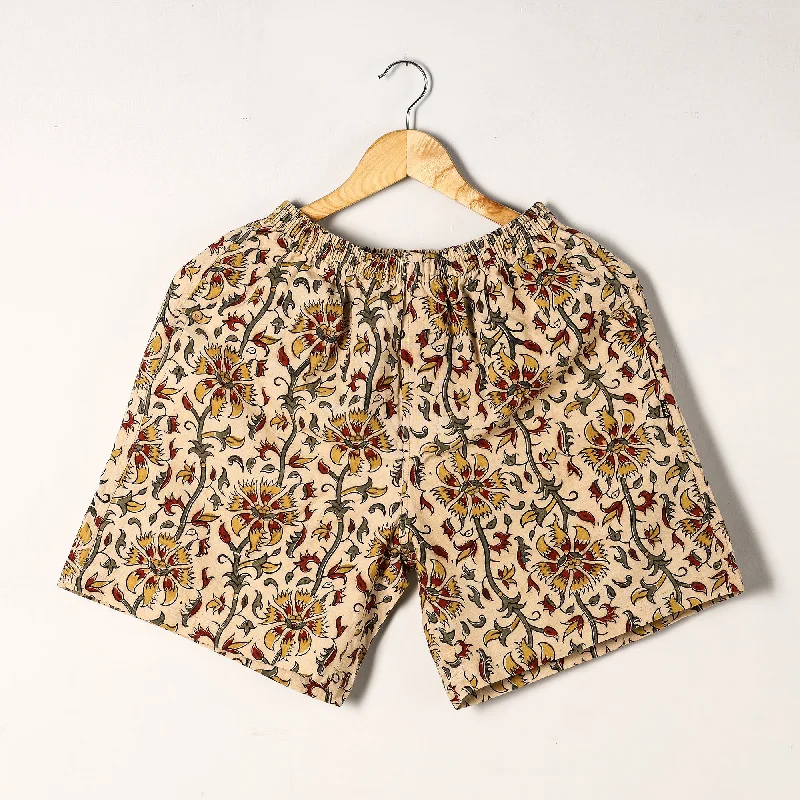 Beige - Kalamkari Block Printed Cotton Unisex Boxer/Shorts