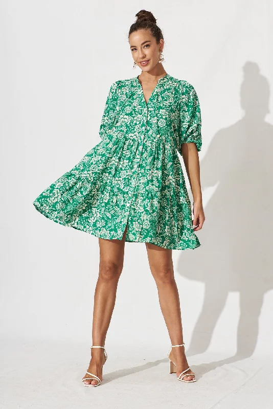 Aine Smock Dress In Green With Cream Floral