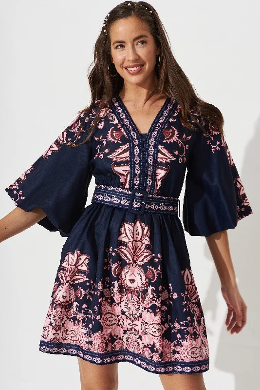 Amira Shirt Dress In Navy With Blush Floral