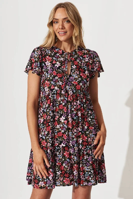 Azalia Smock Dress In Black Multi Floral