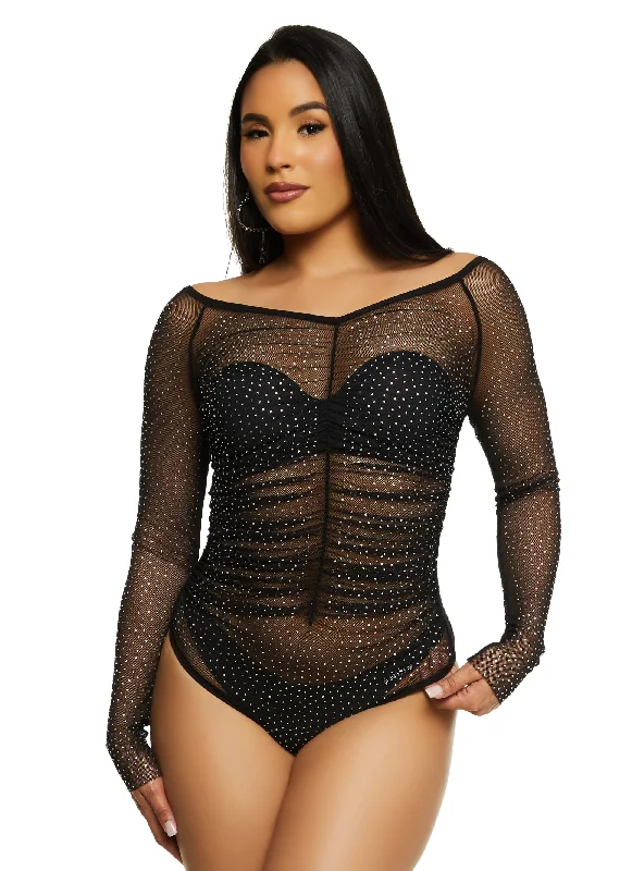 Iris Rhinestone Mesh Ruched Front Bodysuit