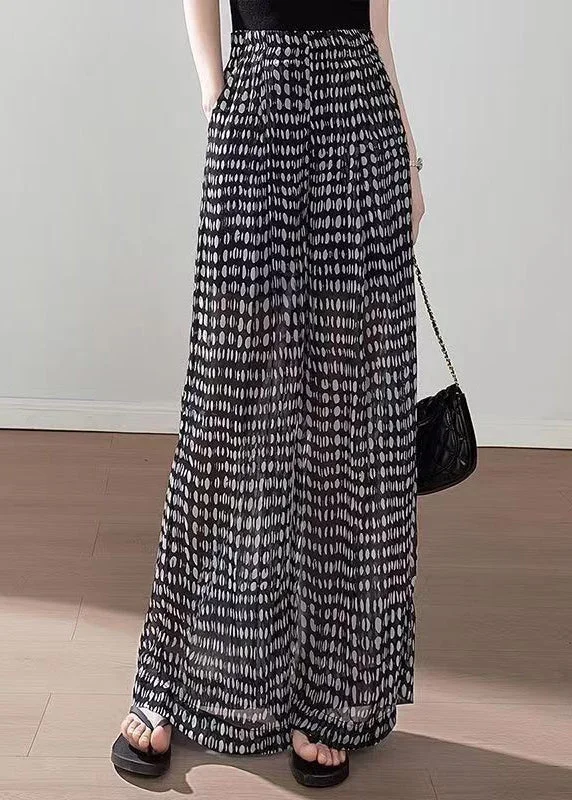 boho-black-pockets-print-elastic-waist-chiffon-pants-summer