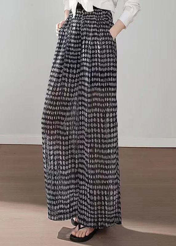 boho-black-pockets-print-elastic-waist-chiffon-pants-summer