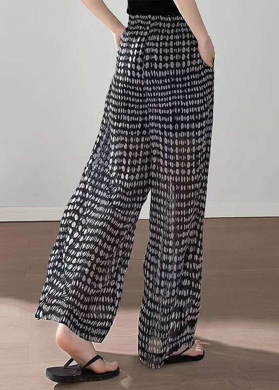 boho-black-pockets-print-elastic-waist-chiffon-pants-summer