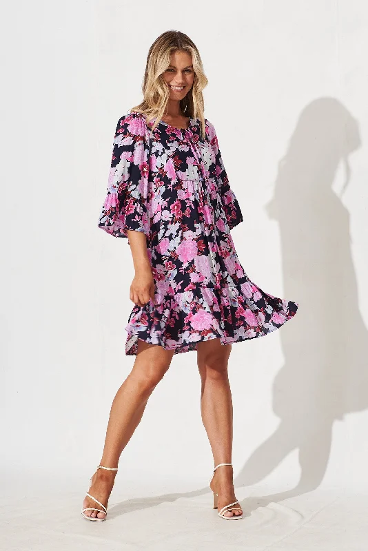 Caressa Dress In Navy With Pink Floral