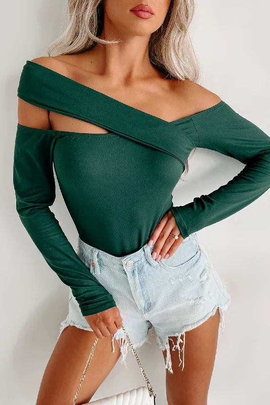 Completely Smitten Asymmetric Off The Shoulder Bodysuit (Hunter Green)