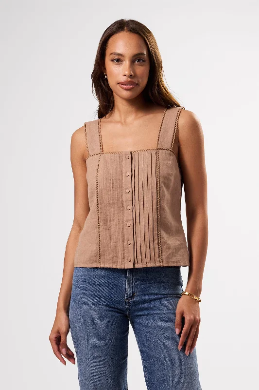 Crochet Trim Cotton Linen Tank - Sand