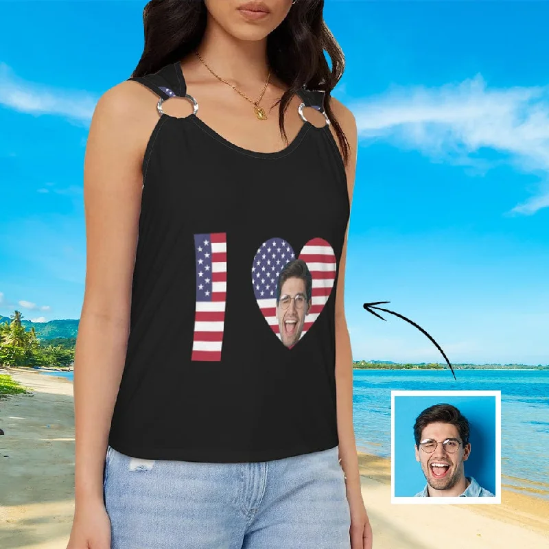 Custom Face Love USA Flag Top Personalized Women's Sleeveless Ring Buckle Tank Tops