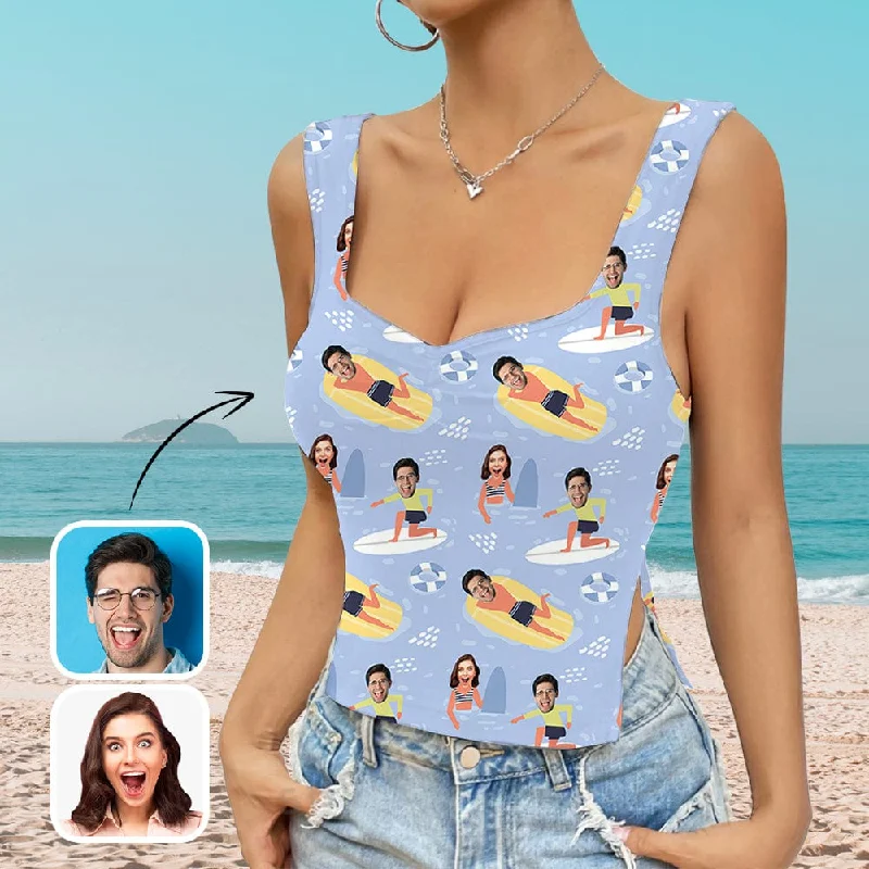 Custom Face Surfing Top Personalized Women's Square Neck Backless Ruched Side Split Crop Tank Tops