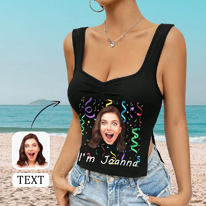 Custom Face&Text Ribbons Top Personalized Women's Square Neck Backless Ruched Side Split Crop Tank Tops