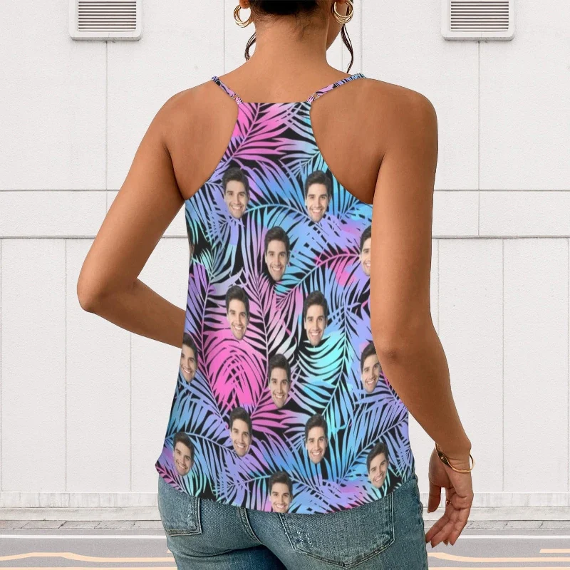 custom-face-tropical-leaves-womens-v-neck-cami-tank-tops