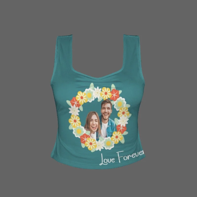 custom-photo-text-garland-top-personalized-womens-square-neck-backless-ruched-side-split-crop-tank-tops