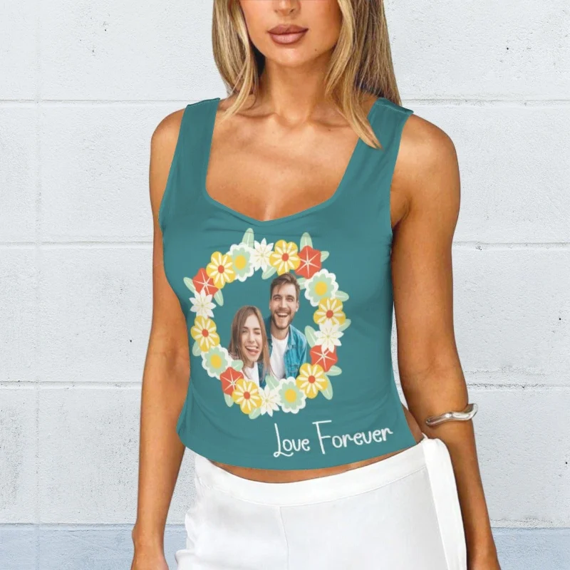 custom-photo-text-garland-top-personalized-womens-square-neck-backless-ruched-side-split-crop-tank-tops