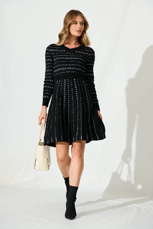 Damsel Knit Dress In Black With White Stripe