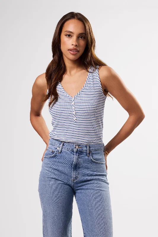 Deacon Organic Cotton Modal Rib Tank - Cannes Stripe Natural Aegean Blue