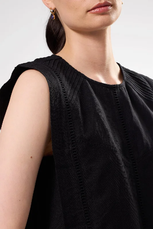 Detailed Cotton Linen Tank Top - Black