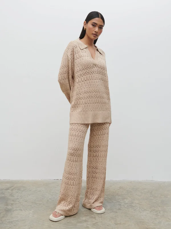 Eda Crotchet Knit V Neck Jumper - Oatmeal