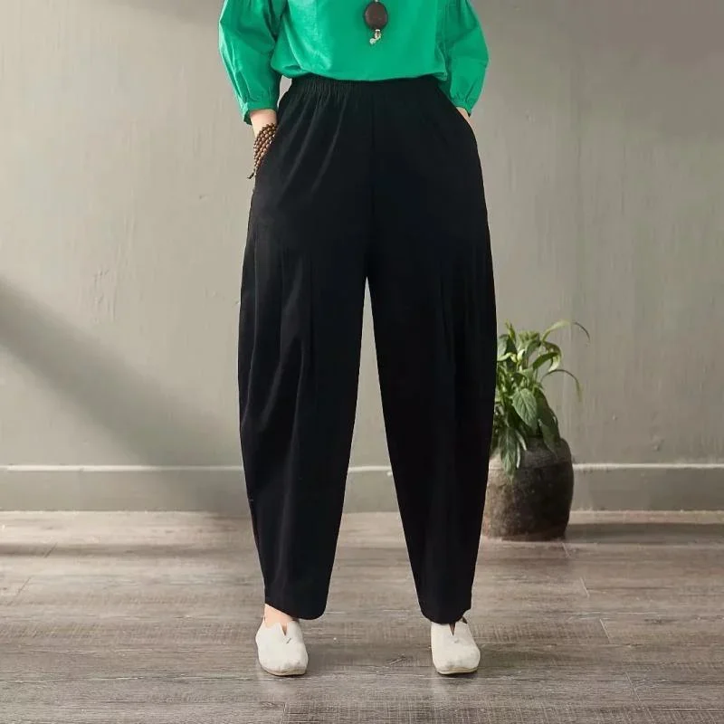 elegant blue linen women trousers plus size elastic waist harem pants