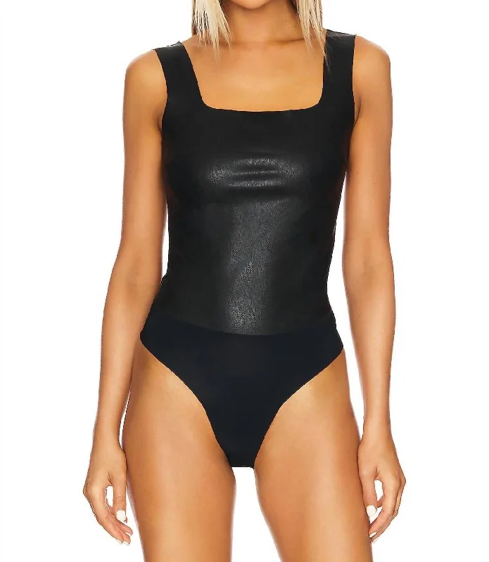 Faux Leather Squareneck Bodysuit In Black