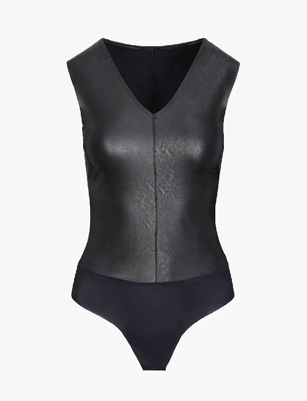 Faux Leather V-Neck Bodysuit In Black