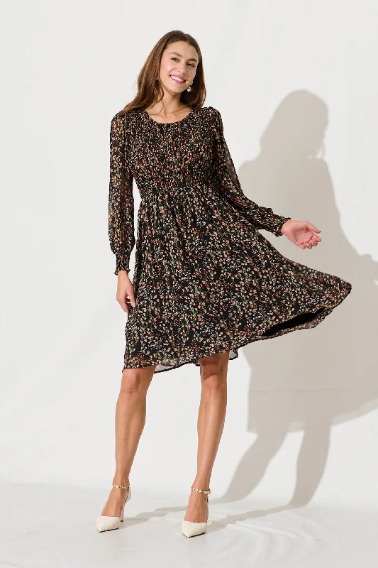 Fleece Dress In Black With Rust Floral Chiffon