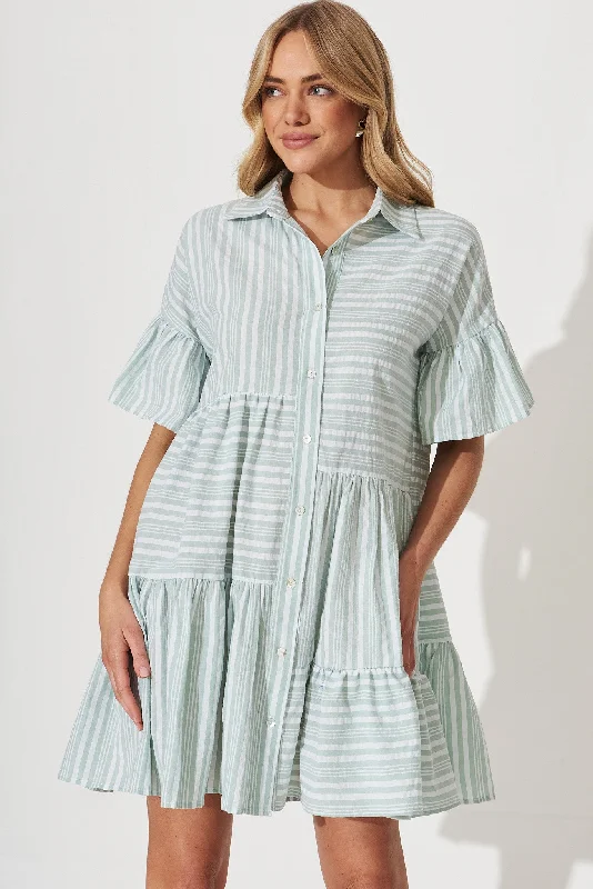 Freya Shirt Dress In Green With White Stripe Cotton