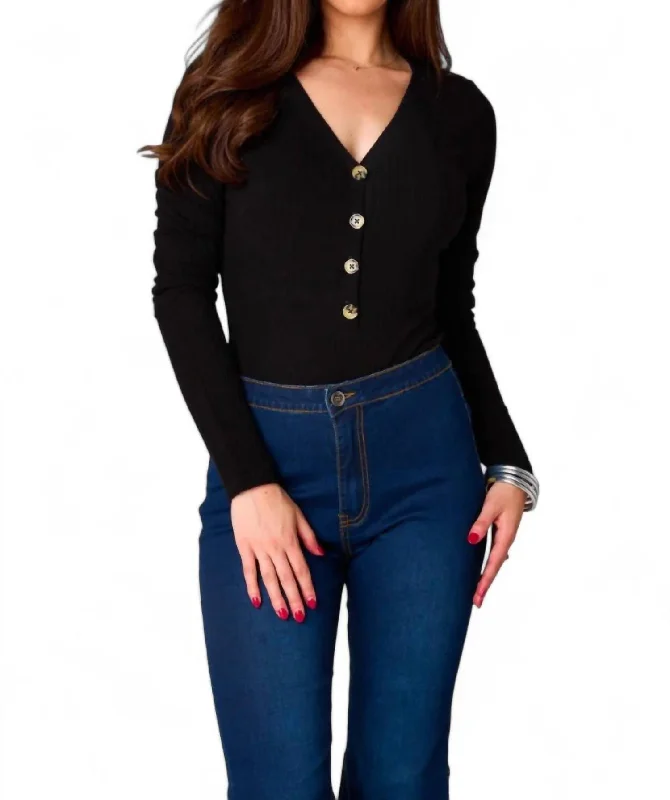 Holly Long Sleeve Button Up Bodysuit In Black