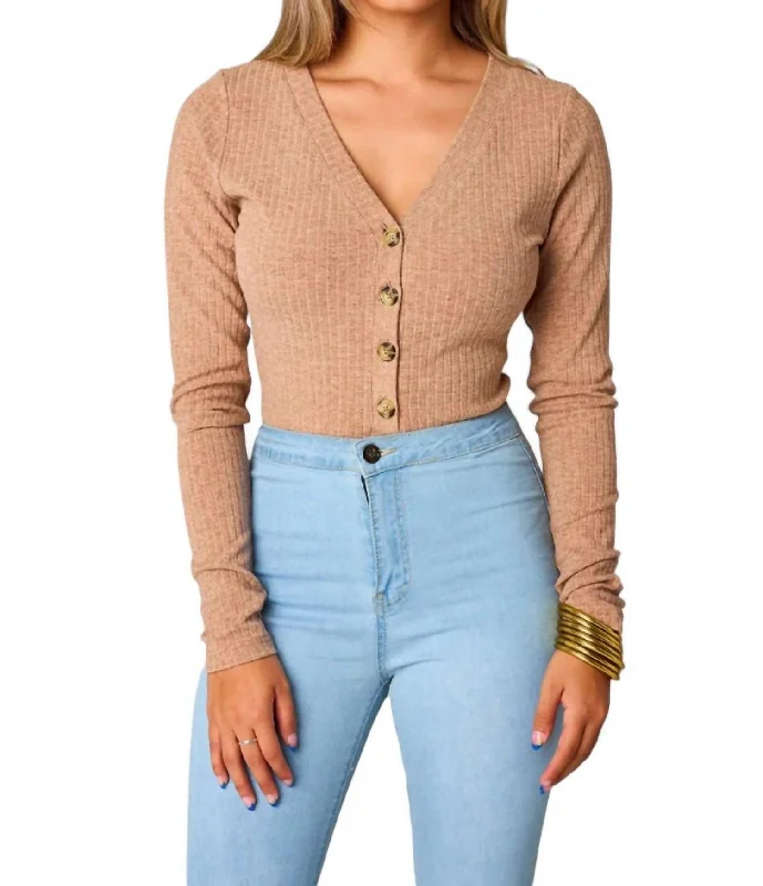 Holly Long Sleeve Button Up Bodysuit In Chocolate