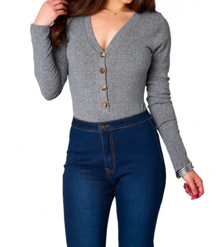 Holly Long Sleeve Button Up Bodysuit In Grey