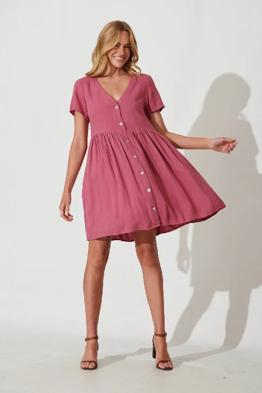 Horizon Smock Dress In Deep Rose Linen Blend