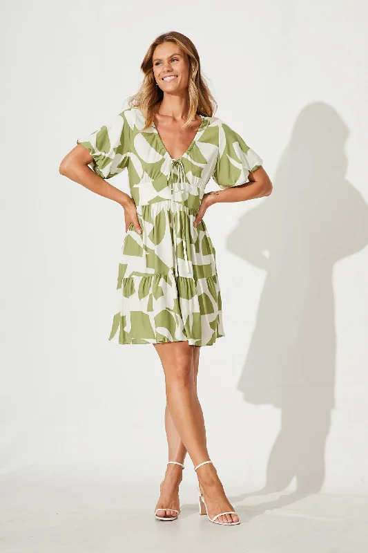 Julieta Dress In Olive And Cream Geometric Print