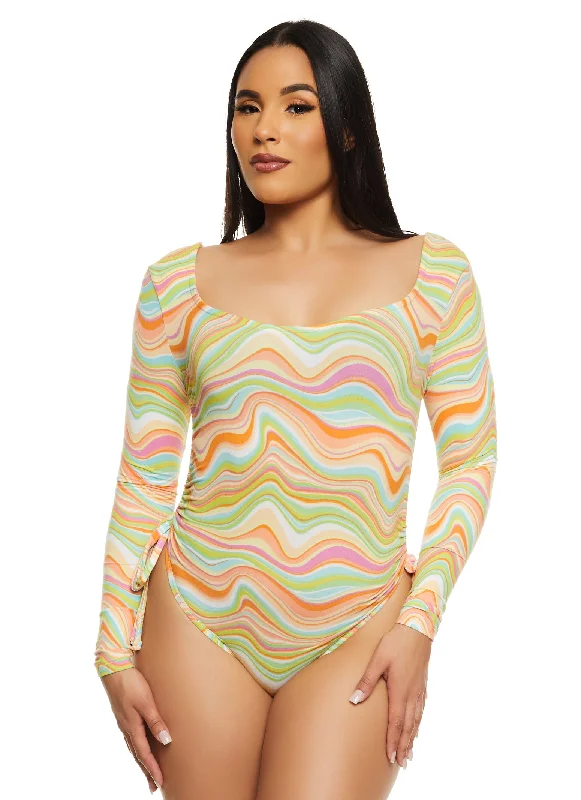 Almost Famous Swirl Print Ruched Bodysuit