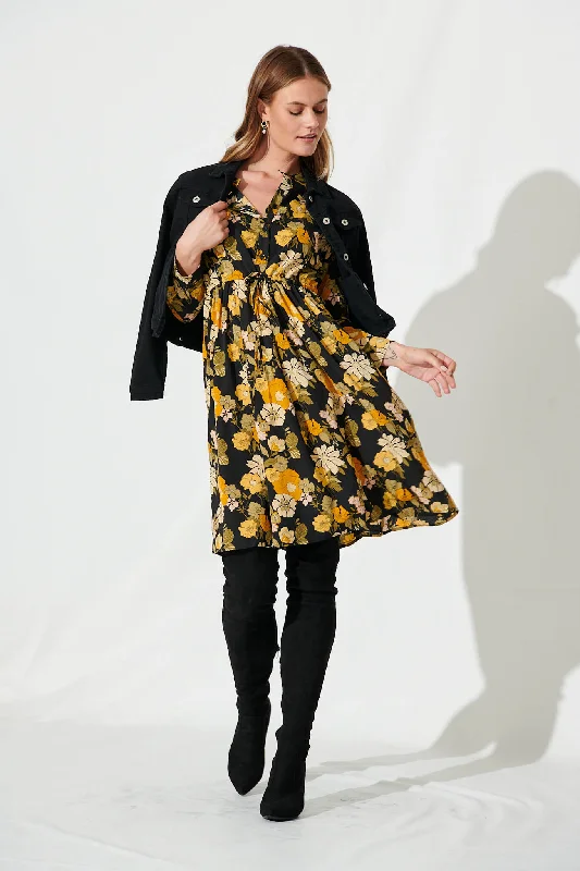 Kelsey Dress In Black With Mustard Floral