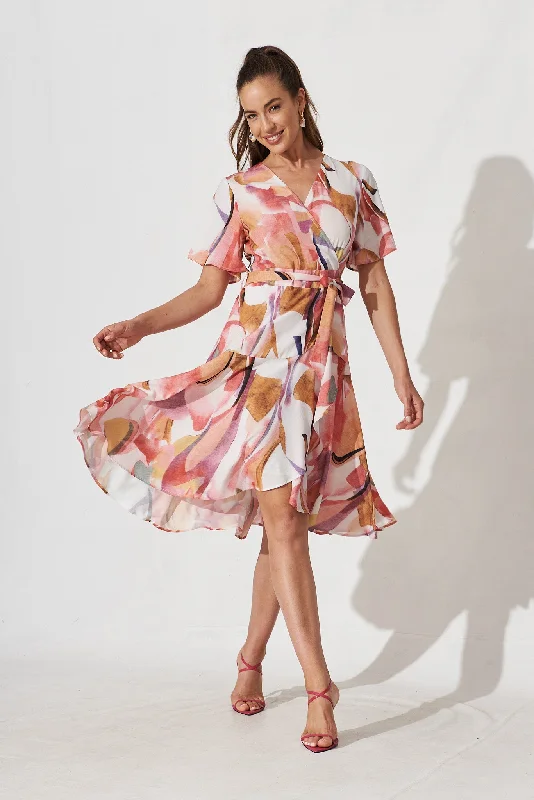 Lacey Wrap Dress In White With Multi Apricot Floral