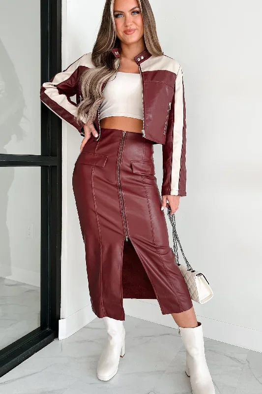 Loose Cannon Zip Front Faux Leather Midi Skirt (Red Wine)