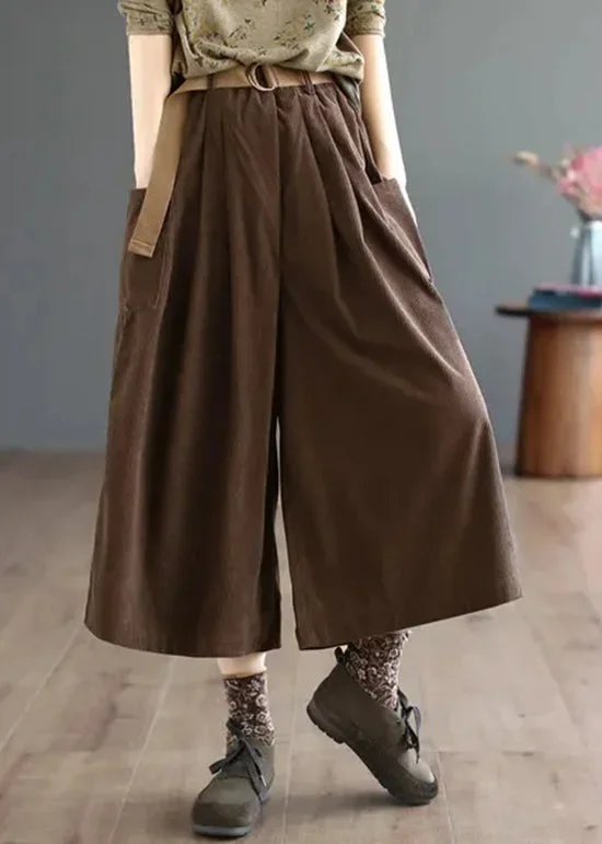 Loose Coffee Pockets Patchwork Corduroy Wide Leg Pants Fall