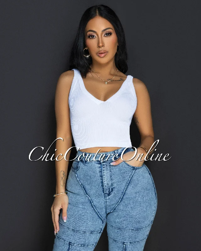 Lora White V Neck Ribbed Crop Top