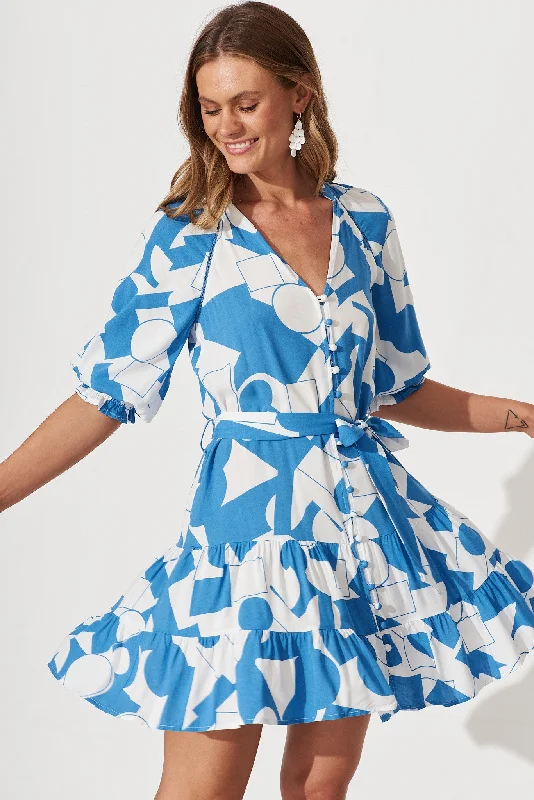 Love Ya Dress In Blue And White Geometric Print