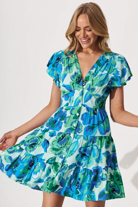 Lovina Dress In Blue With Green Floral