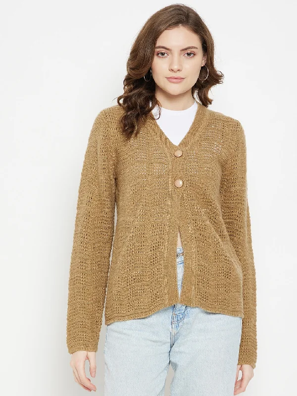 MADAME-neckline Self Design Beige Cardigan