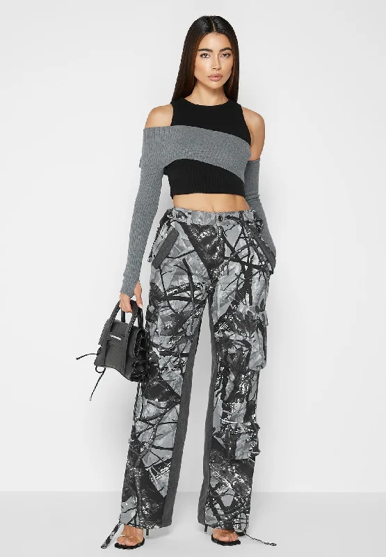 Mid Rise Camo and Denim Cargo Pants - Grey